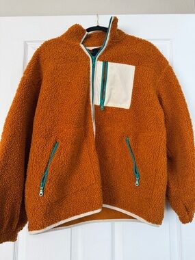 Universal Thread Rust Orange Sherpa Jacket with Cream Pocket and Teal Zippers